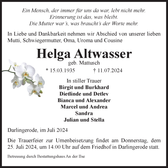 Traueranzeige von Helga Altwasser von Volksstimme Wernigerode