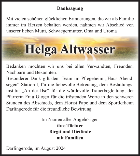 Traueranzeige von Helga Altwasser von Volksstimme Wernigerode