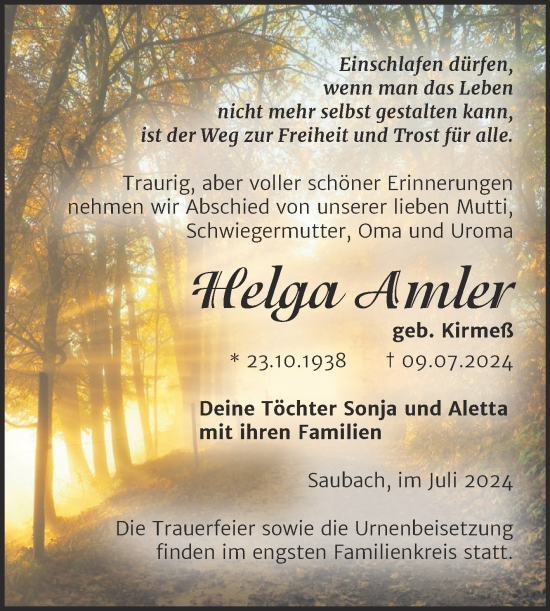 Traueranzeige von Helga Amler von Naumburger Tageblatt