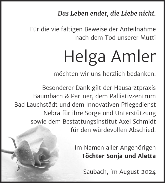 Traueranzeige von Helga Amler von Super Sonntag Naumburg/Nebra