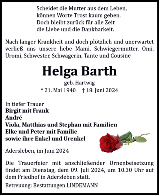 Traueranzeige von Helga Barth von Volksstimme Halberstadt