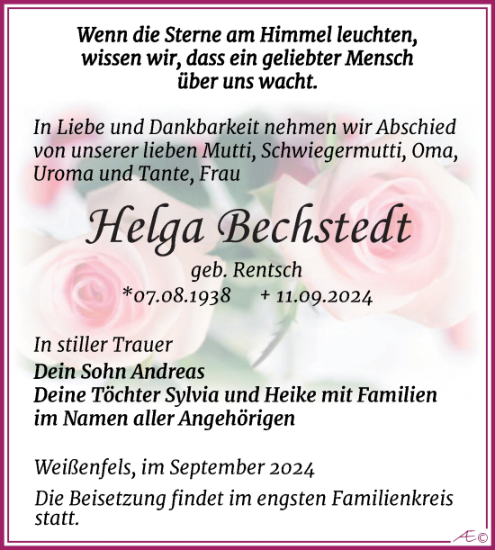Traueranzeige von Helga Bechstedt von Trauerkombi Weißenfels