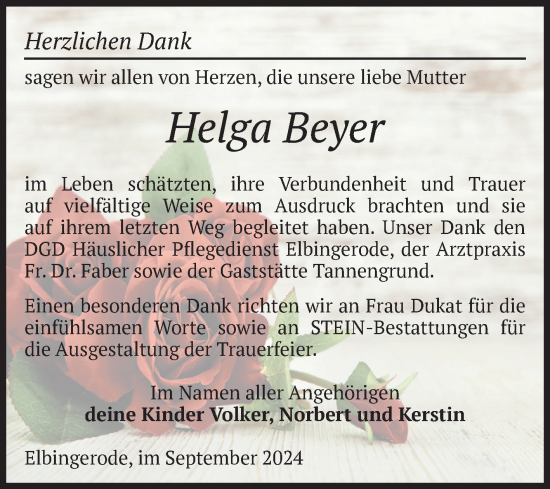 Traueranzeige von Helga Beyer von Volksstimme Wernigerode