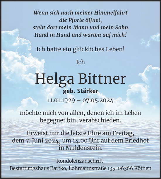 Traueranzeige von Helga Bittner von Trauerkombi Bitterfeld