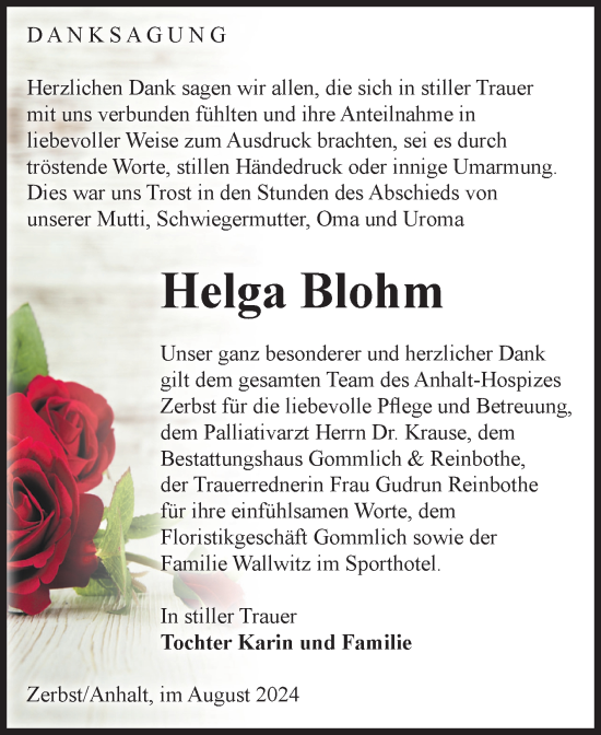Traueranzeige von Helga Blohm von Volksstimme Zerbst