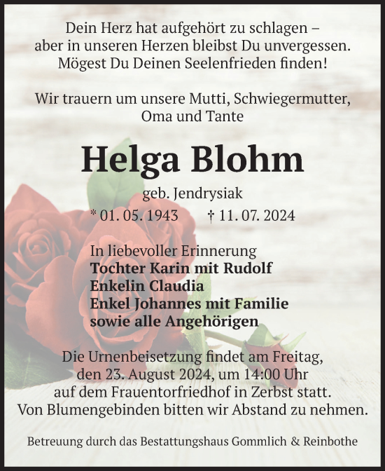 Traueranzeige von Helga Blohm von Volksstimme Zerbst