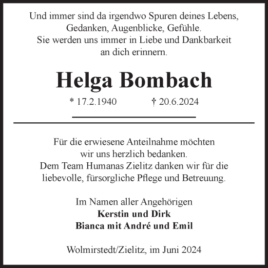Traueranzeige von Helga Bombach von Volksstimme Haldensleben/Wolmirstedt