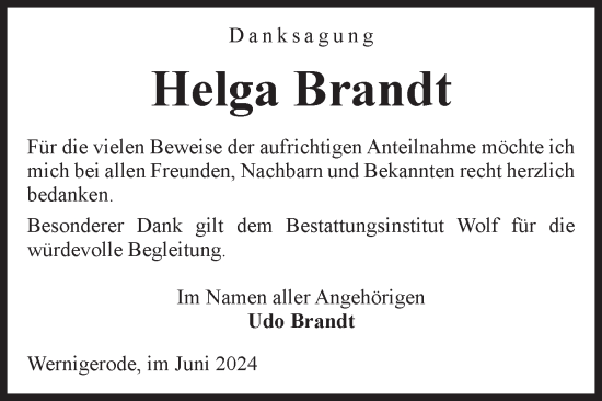 Traueranzeige von Helga Brandt von Volksstimme Wernigerode