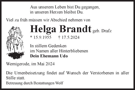 Traueranzeige von Helga Brandt von Volksstimme Wernigerode