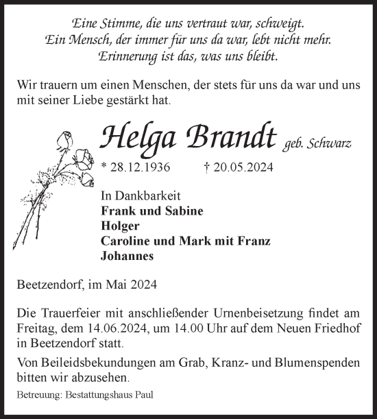 Traueranzeige von Helga Brandt von Volksstimme Altmark West