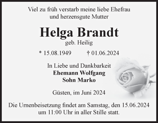 Traueranzeige von Helga Brandt von Volksstimme Staßfurt