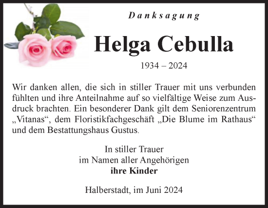 Traueranzeige von Helga Cebulla von Volksstimme Halberstadt