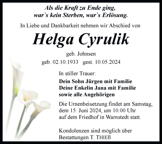 Traueranzeige von Helga Cyrulik von Trauerkombi Quedlinburg