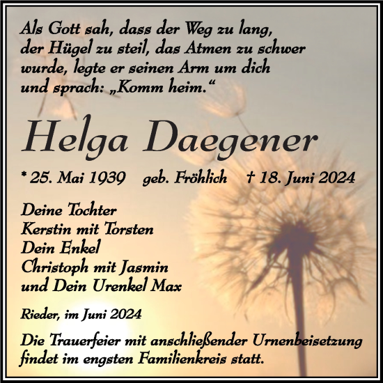 Traueranzeige von Helga Daegener von Trauerkombi Quedlinburg