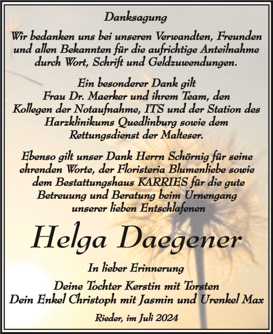 Traueranzeige von Helga Daegener von Trauerkombi Quedlinburg