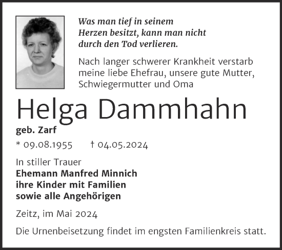 Traueranzeige von Helga Dammhahn von Trauerkombi Zeitz