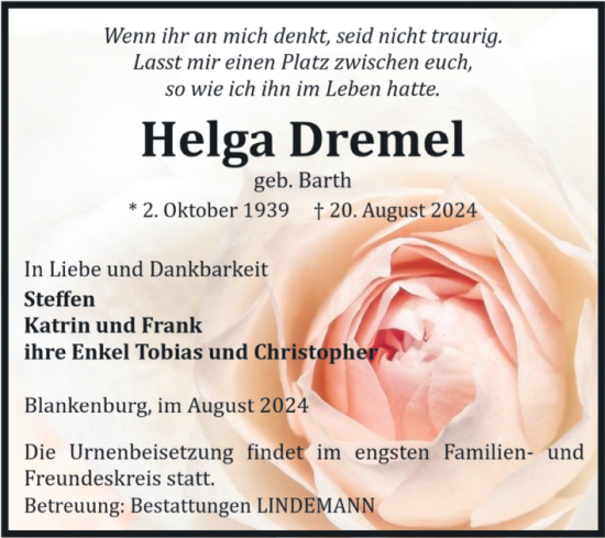 Traueranzeige von Helga Dremel von Volksstimme Wernigerode
