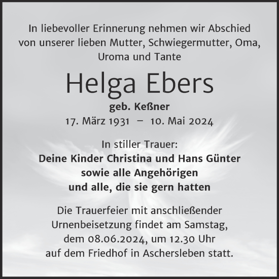 Traueranzeige von Helga Ebers von Trauerkombi Aschersleben