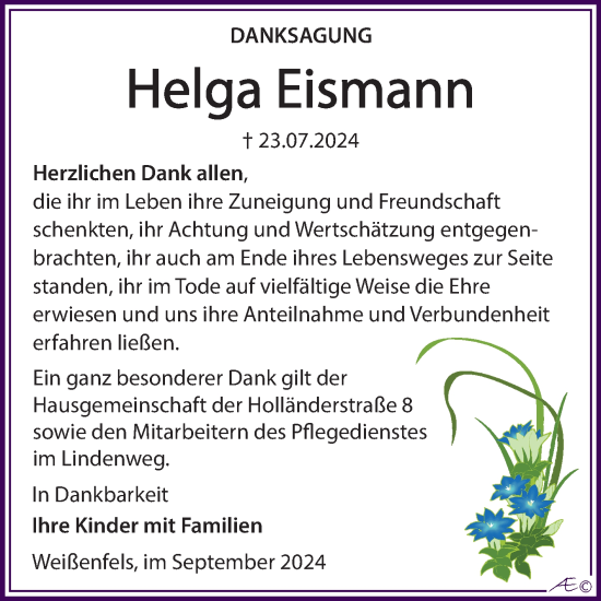 Traueranzeige von Helga Eismann von Trauerkombi Weißenfels