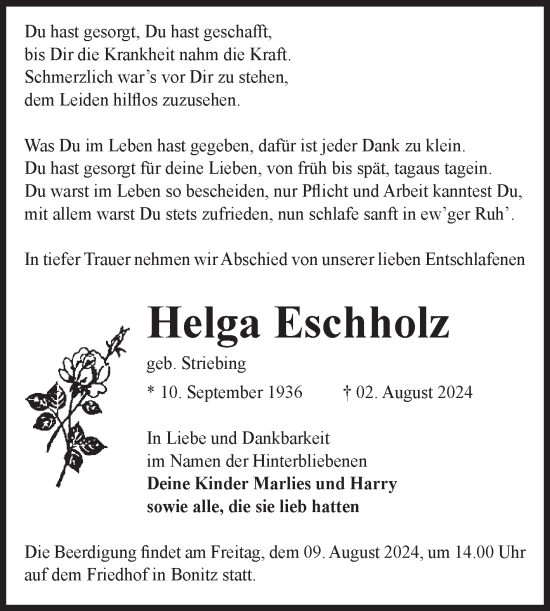 Traueranzeige von Helga Eschholz von Volksstimme Zerbst