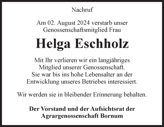 Traueranzeige von Helga Eschholz von Volksstimme Zerbst