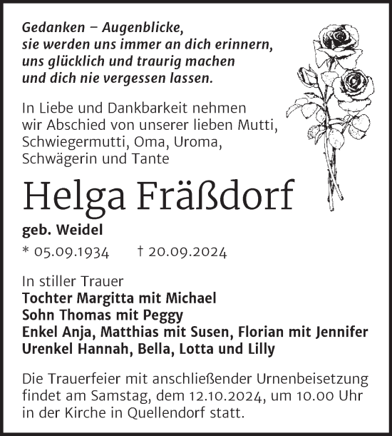 Traueranzeige von Helga Fräßdorf von Trauerkombi Köthen