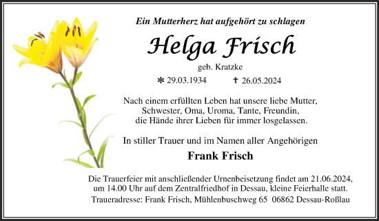 Traueranzeige von Helga Frisch von Trauerkombi Dessau