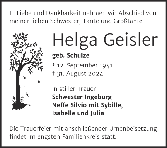Traueranzeige von Helga Geister von Mitteldeutsche Zeitung Halle/Saalkreis