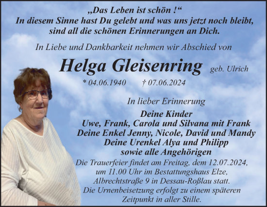 Traueranzeige von Helga Gleisenring von Trauerkombi Dessau