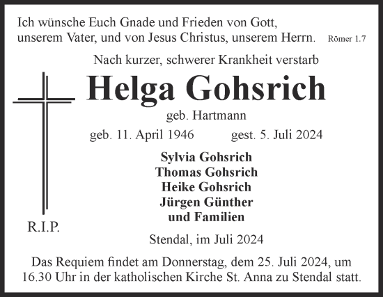 Traueranzeige von Helga Gohsrich von Volksstimme Altmark Ost