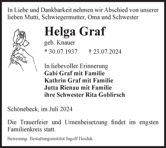 Traueranzeige von Helga Graf von Volksstimme Schönebeck