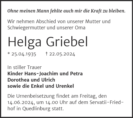 Traueranzeige von Helga Griebel von Trauerkombi Quedlinburg