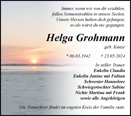 Traueranzeige von Helga Grohmann von Trauerkombi Bitterfeld