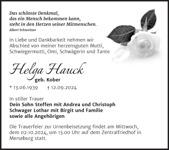 Traueranzeige von Helga Hauck von Trauerkombi Merseburg