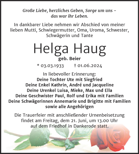 Traueranzeige von Helga Haug von Trauerkombi Quedlinburg