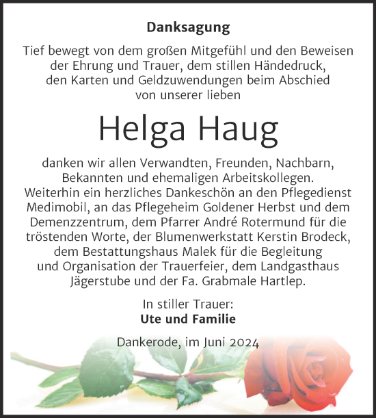 Traueranzeige von Helga Haug von Trauerkombi Quedlinburg