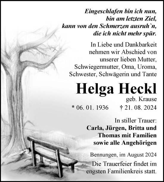 Traueranzeige von Helga Heckl von Trauerkombi Sangerhausen