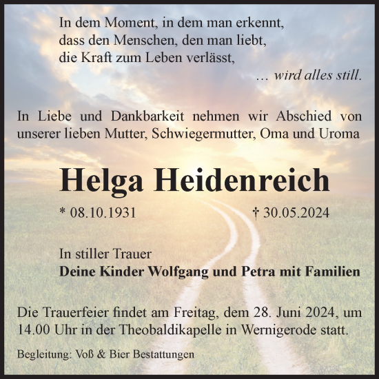 Traueranzeige von Helga Heidenreich von Volksstimme Wernigerode