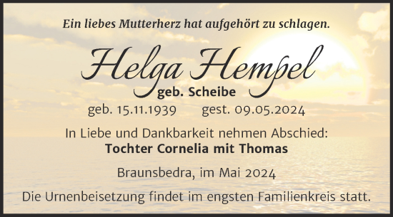 Traueranzeige von Helga Hempel von Trauerkombi Merseburg