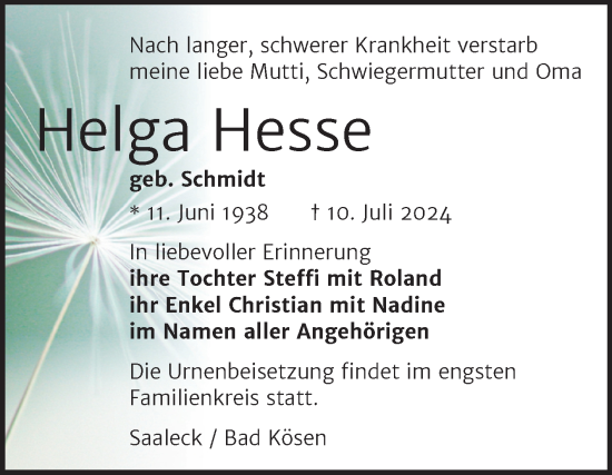 Traueranzeige von Helga Hesse von Super Sonntag Naumburg/Nebra