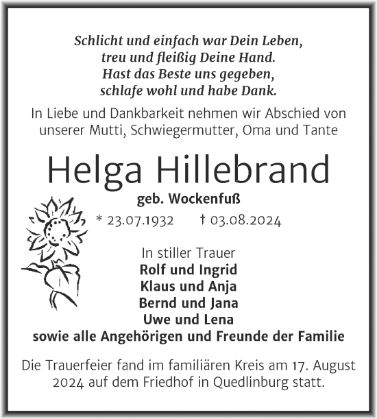Traueranzeige von Helga Hillebrand von Trauerkombi Quedlinburg