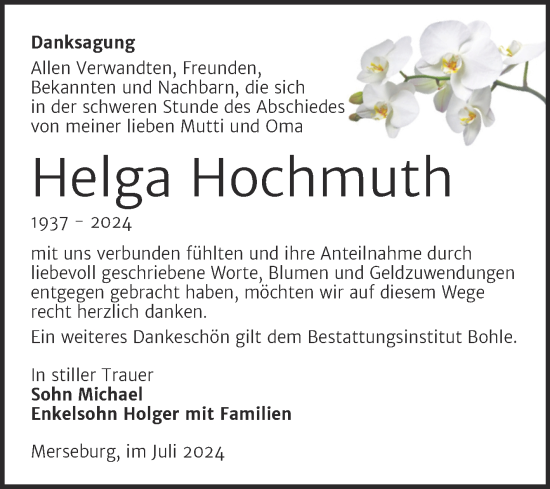 Traueranzeige von Helga Hochmuth von Trauerkombi Merseburg