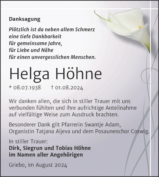 Traueranzeige von Helga Höhne von Trauerkombi Wittenberg