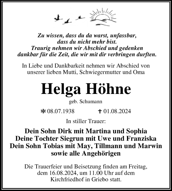 Traueranzeige von Helga Höhne von Trauerkombi Wittenberg
