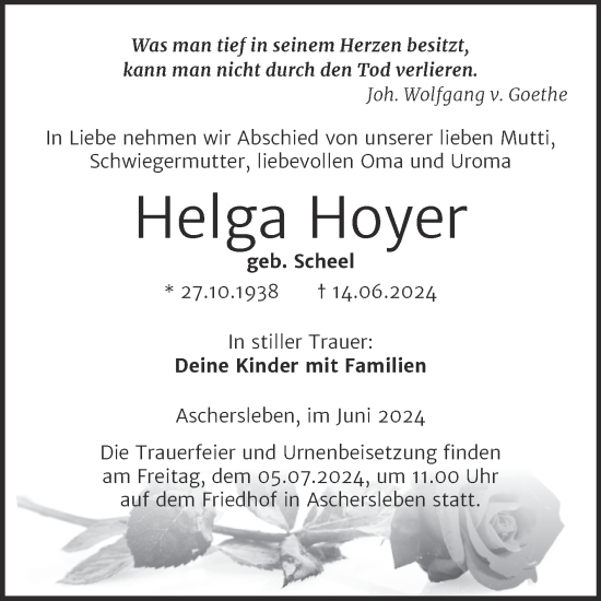 Traueranzeige von Helga Hoer von Trauerkombi Aschersleben