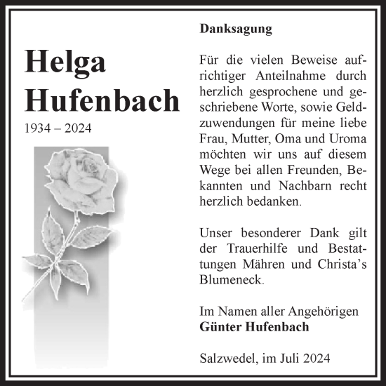 Traueranzeige von Helga Hufenbach von Volksstimme Altmark West