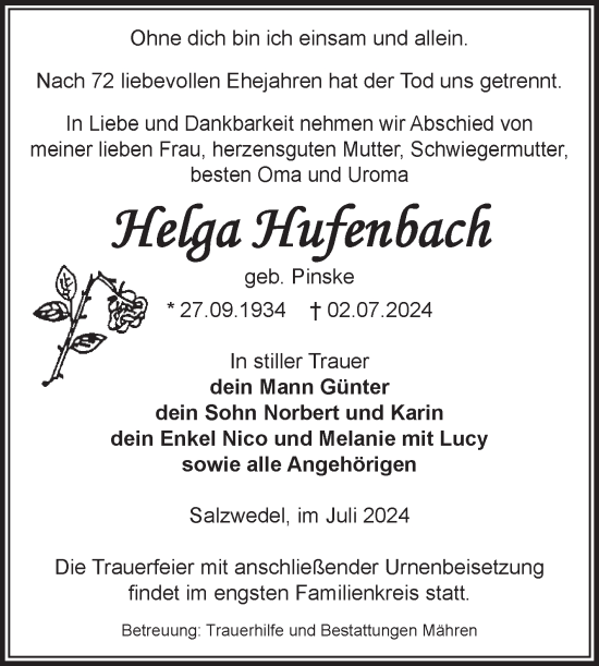 Traueranzeige von Helga Hufenbach von Volksstimme Altmark West