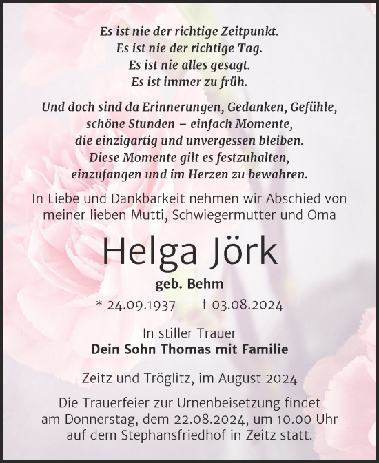 Traueranzeige von Helga Jörk von Trauerkombi Zeitz