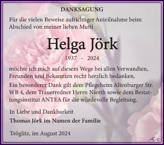 Traueranzeige von Helga Jörk von Trauerkombi Zeitz