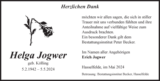 Traueranzeige von Helga Jogwer von Volksstimme Wernigerode